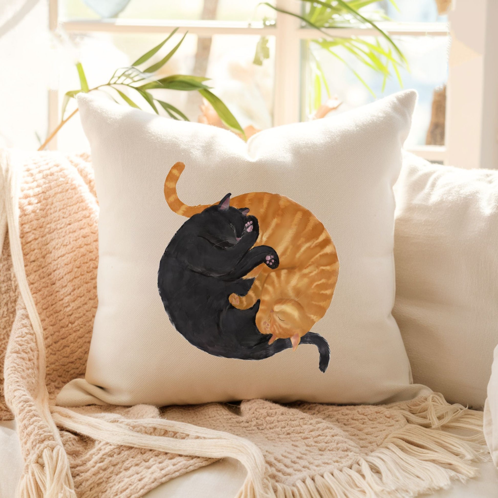 Sleeping Black and Orange Cat Pillow - MerikaArt