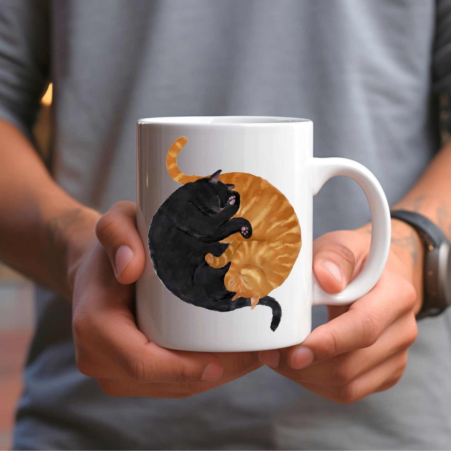 Sleeping Black and Orange Cats Mug - MerikaArt