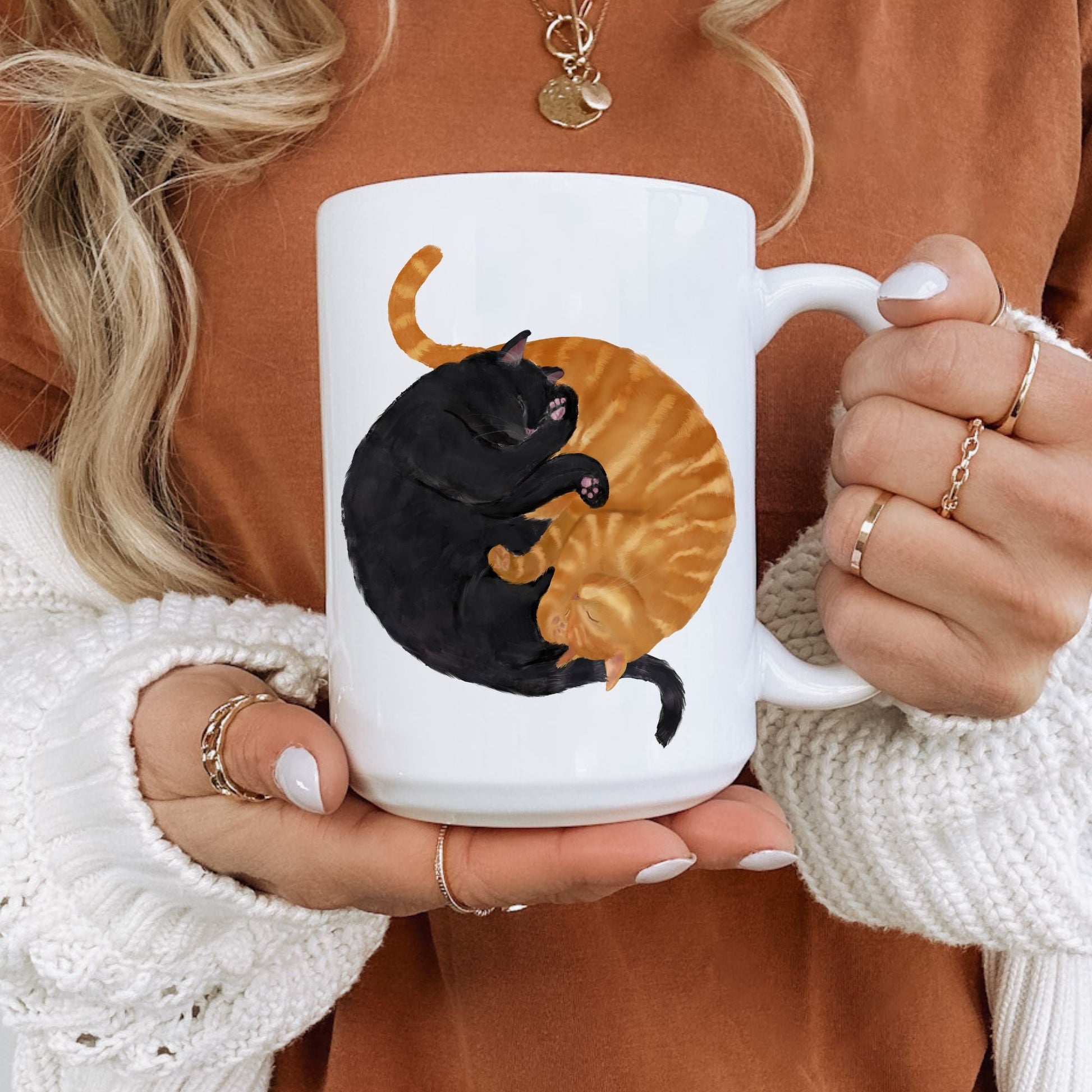 Sleeping Black and Orange Cats Mug - MerikaArt