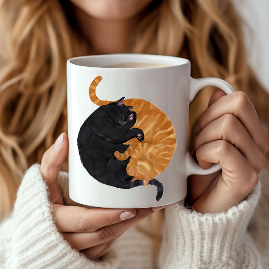 Sleeping Black and Orange Cats Mug - MerikaArt