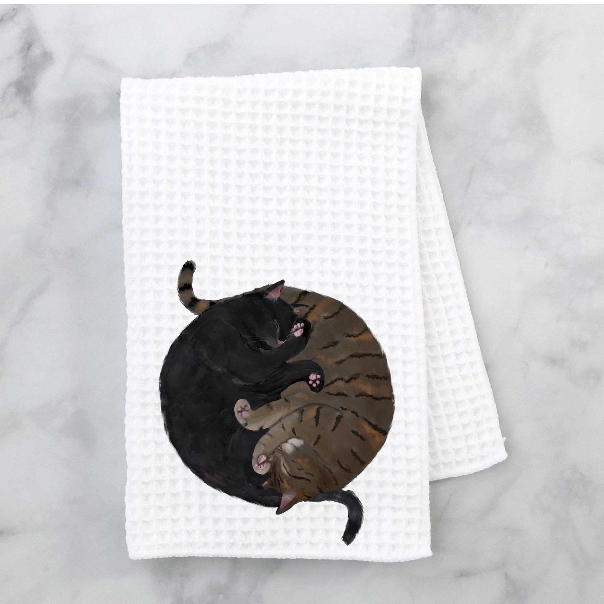 Sleeping Black and Tabby Cats Kitchen Towel - MerikaArt