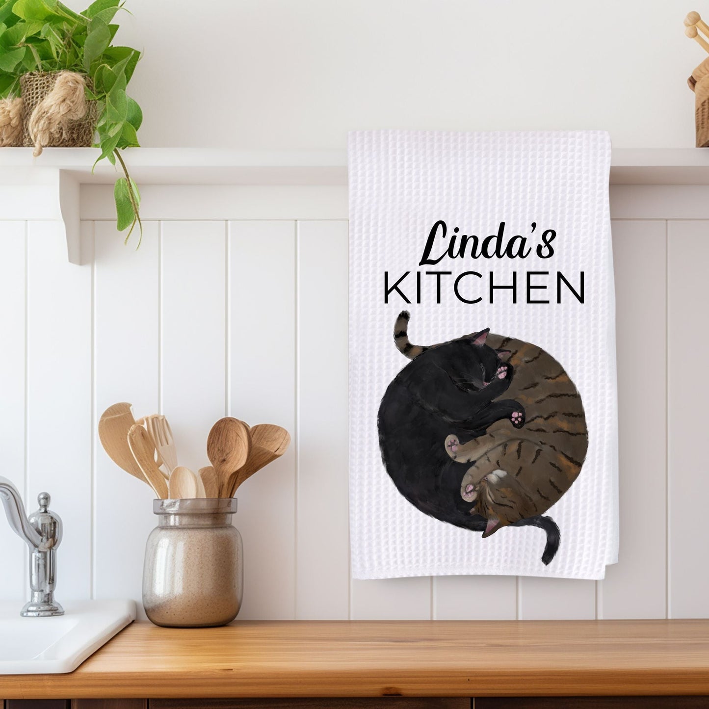 Sleeping Black and Tabby Cats Kitchen Towel - MerikaArt