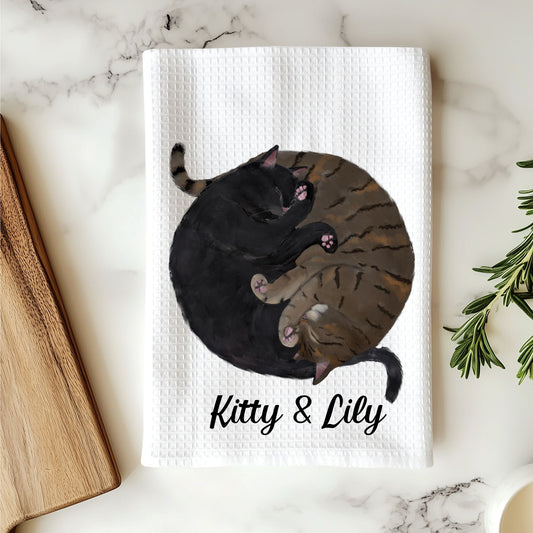 Sleeping Black and Tabby Cats Kitchen Towel - MerikaArt