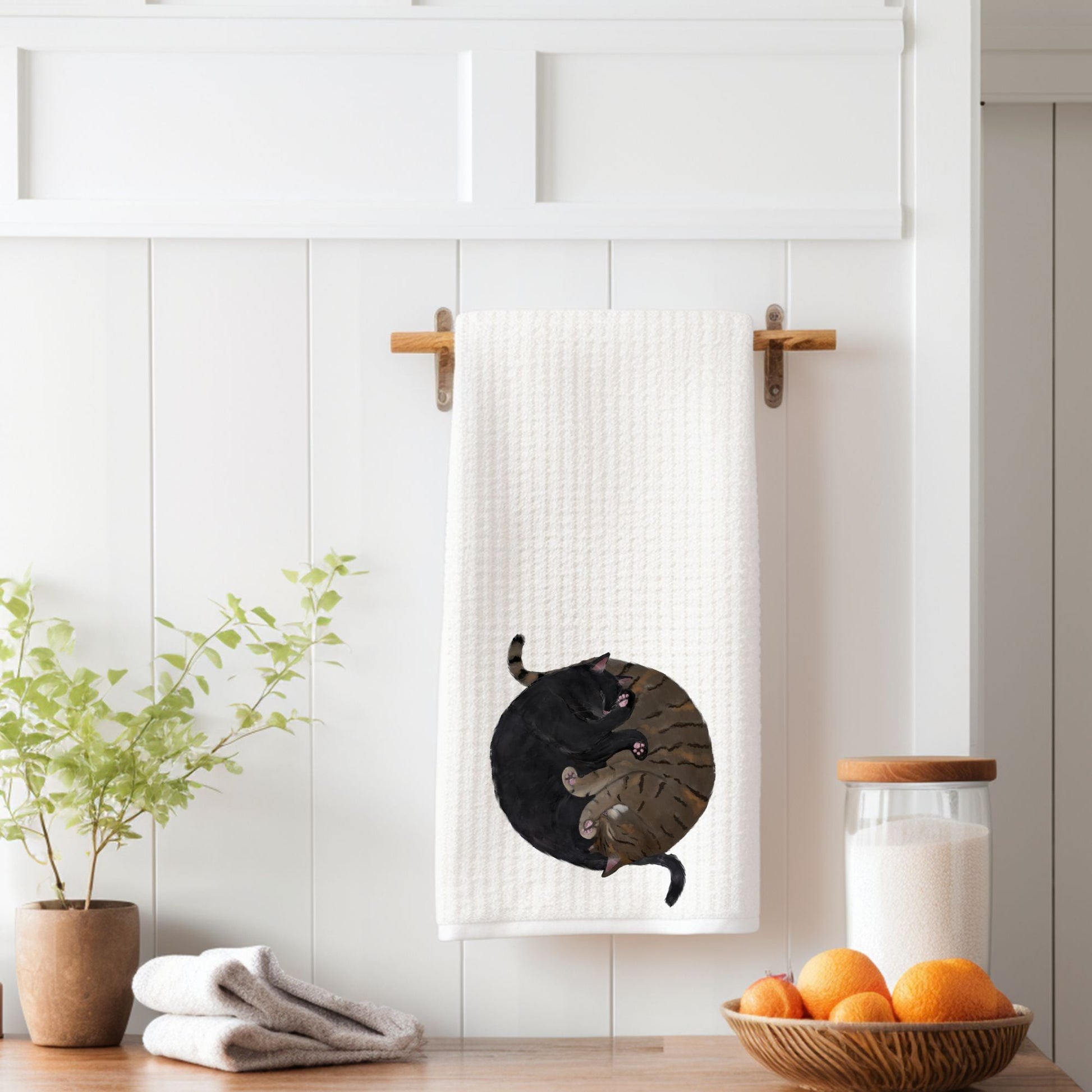 Sleeping Black and Tabby Cats Kitchen Towel - MerikaArt