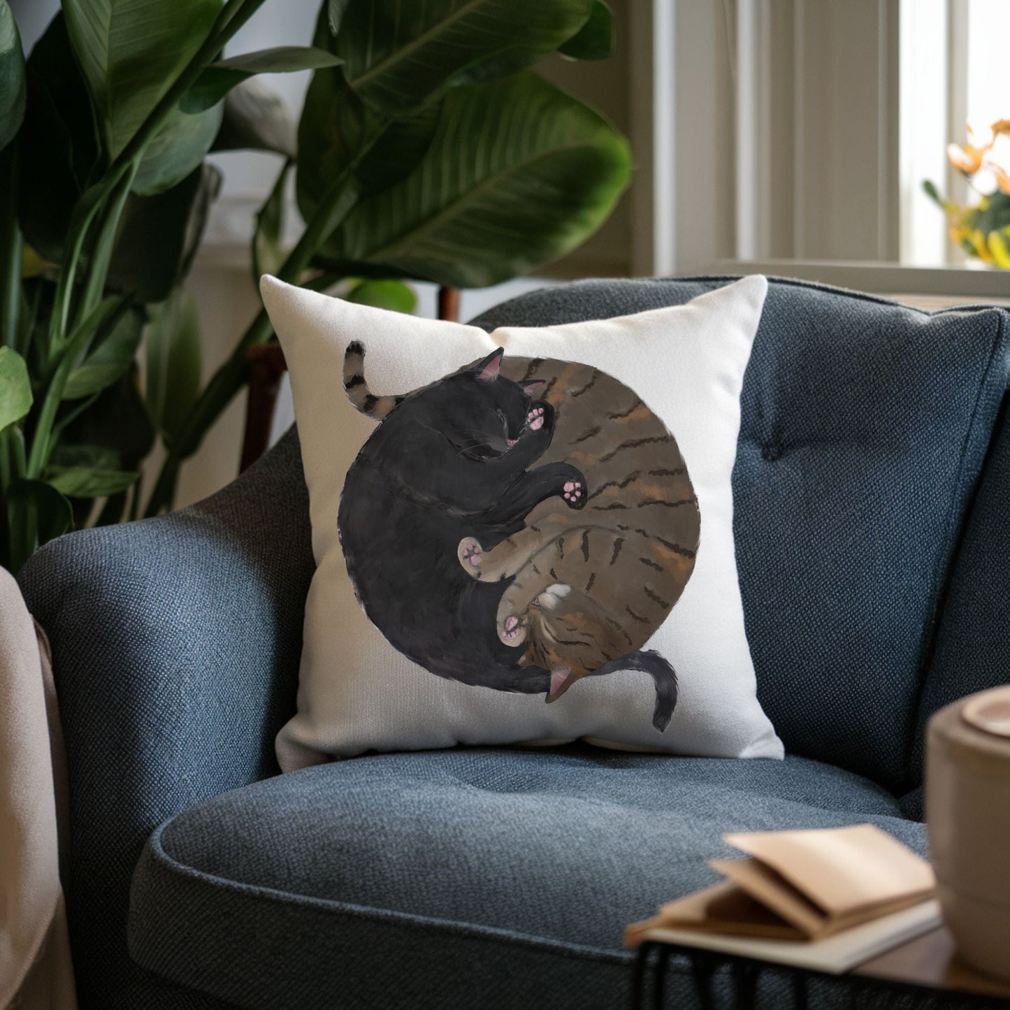 Sleeping Black and Tabby Cats Pillow - MerikaArt