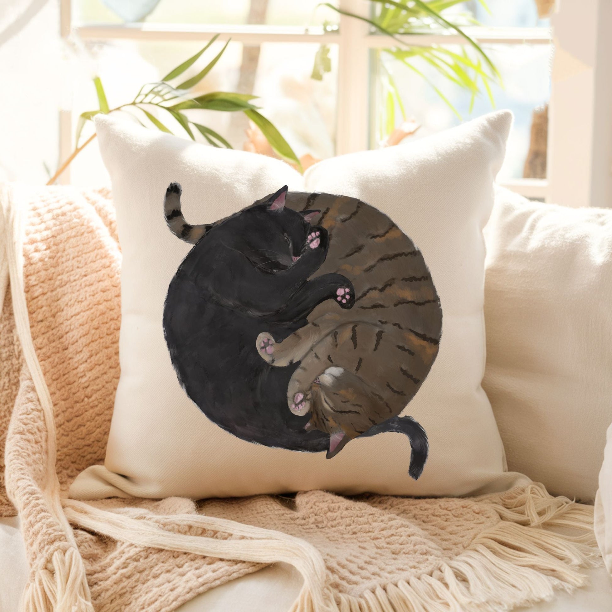 Sleeping Black and Tabby Cats Pillow - MerikaArt