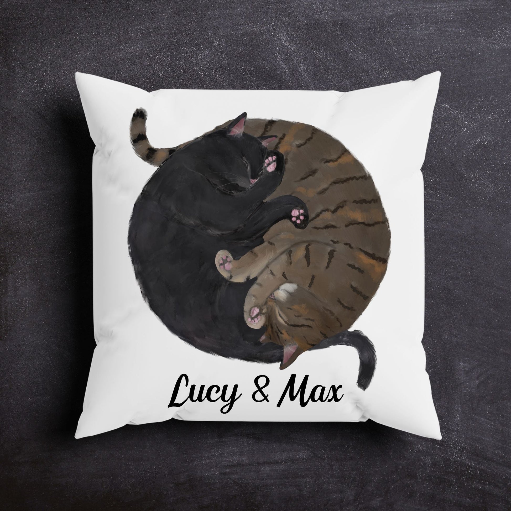 Sleeping Black and Tabby Cats Pillow - MerikaArt