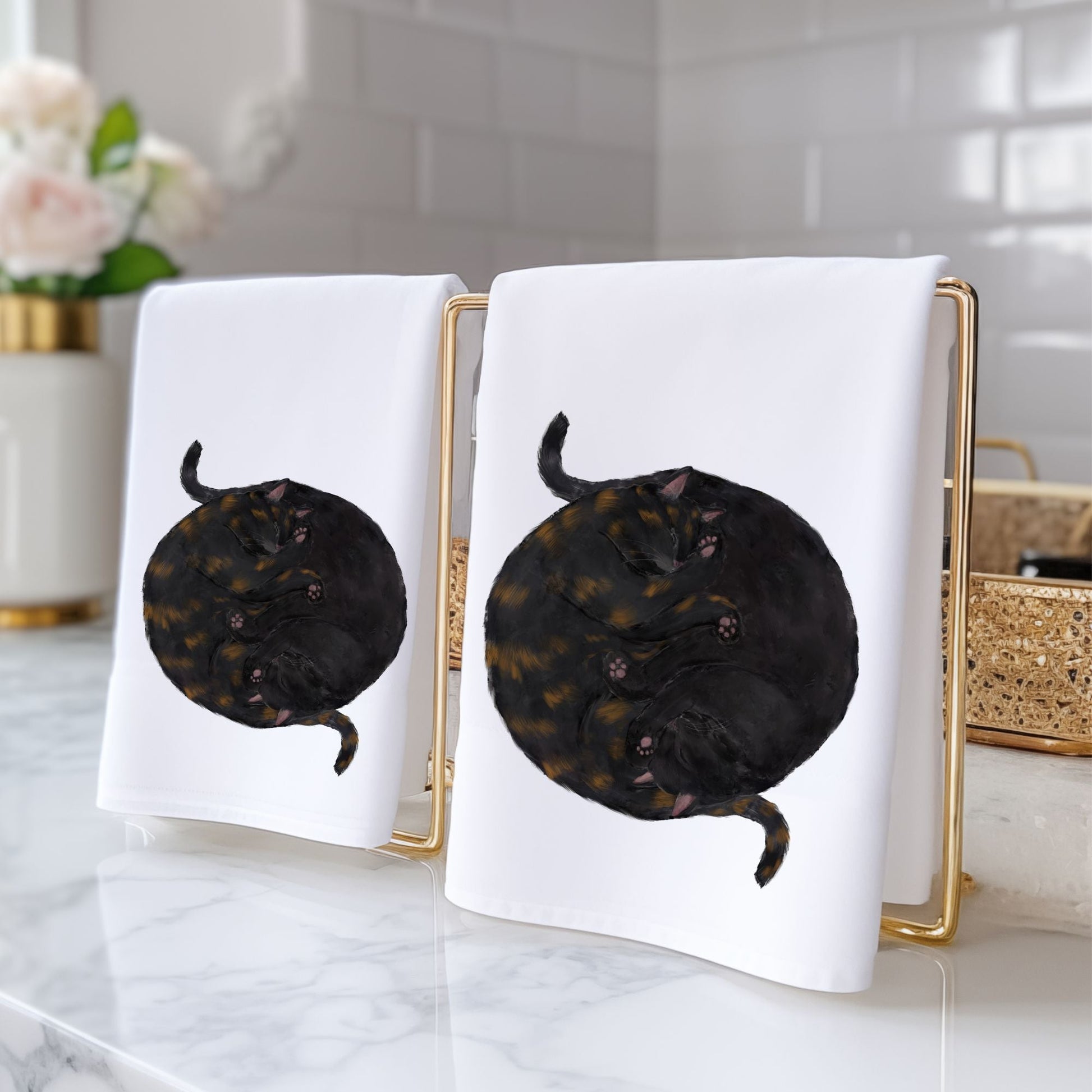 Sleeping Black and Tortoiseshell Cats Bathroom Towel - MerikaArt
