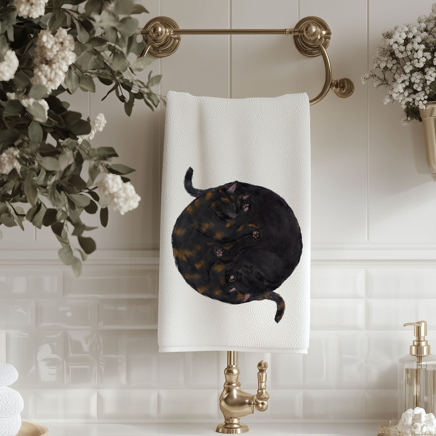 Sleeping Black and Tortoiseshell Cats Bathroom Towel - MerikaArt
