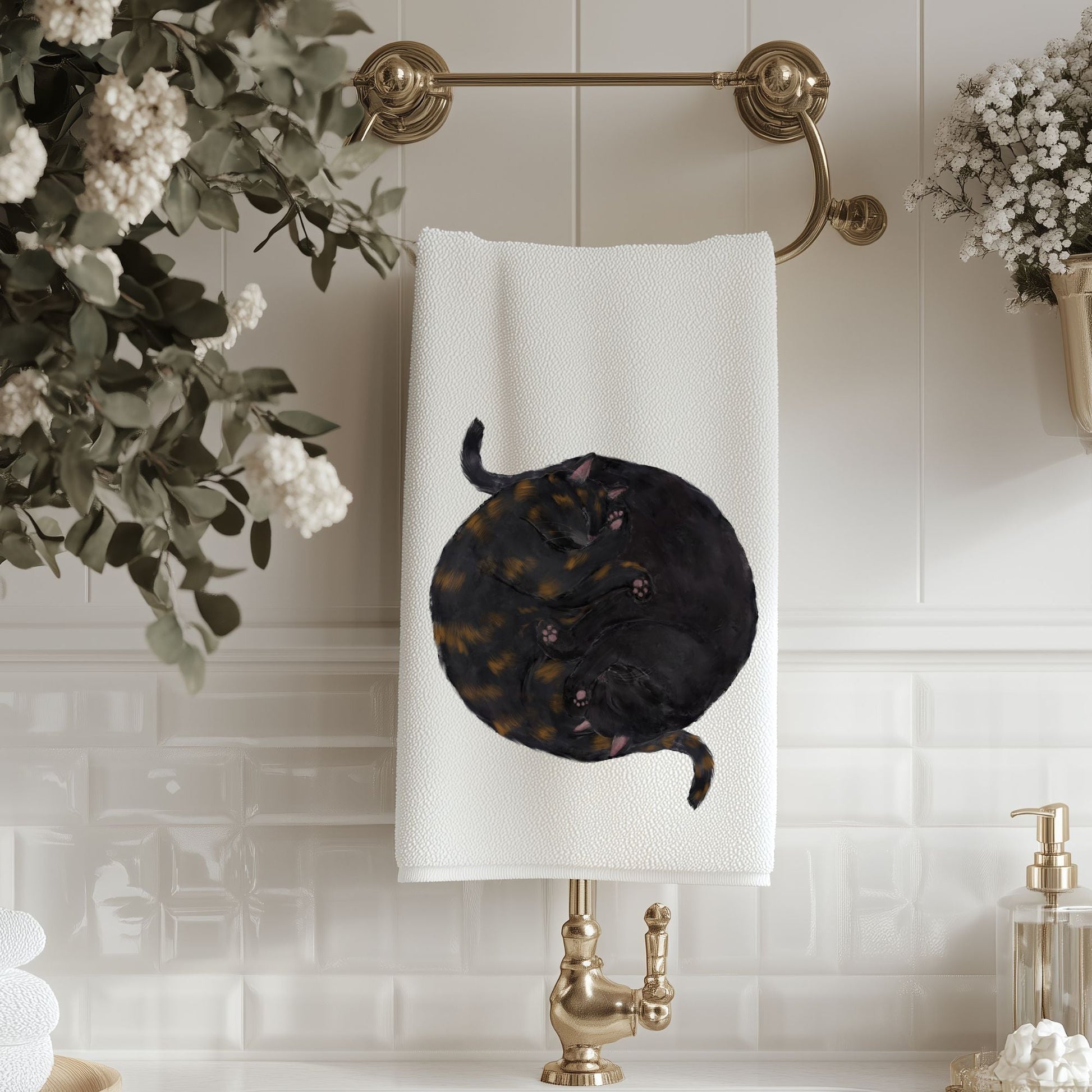 Sleeping Black and Tortoiseshell Cats Bathroom Towel - MerikaArt