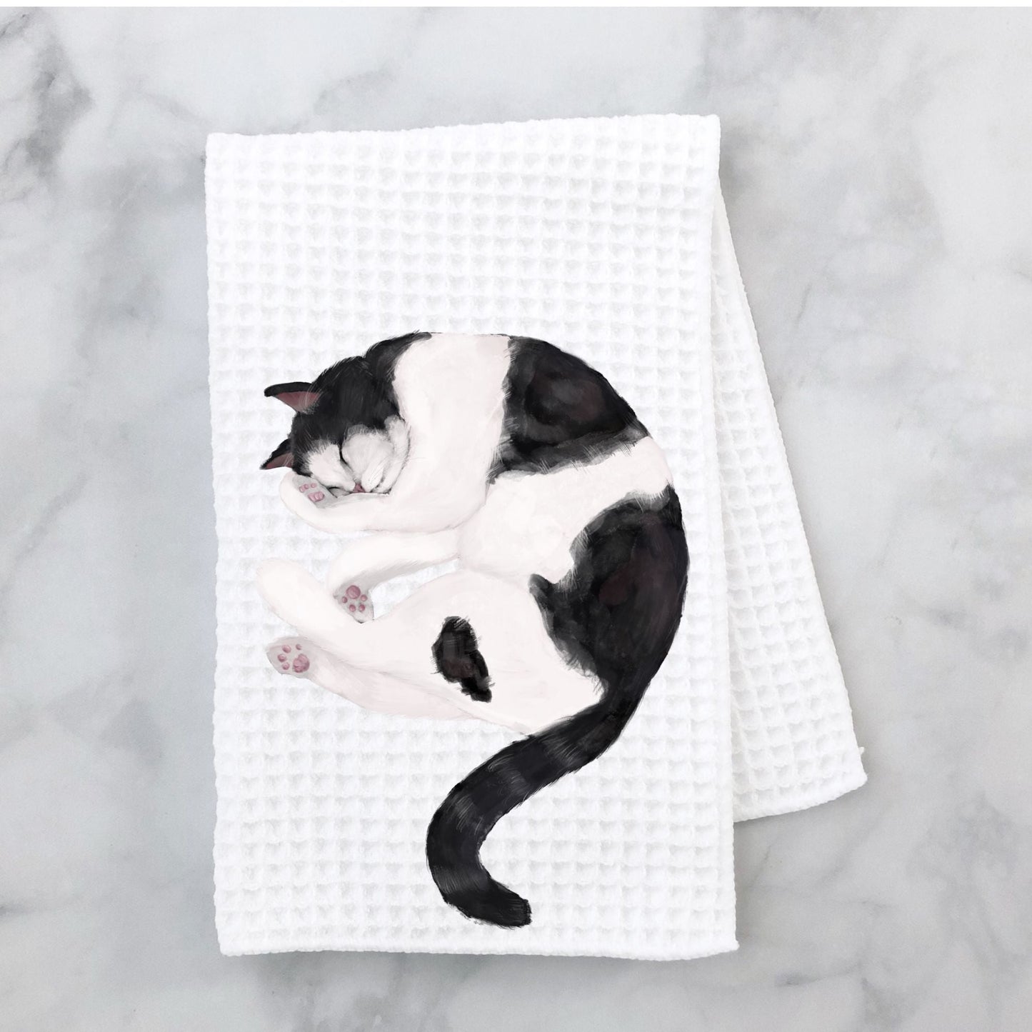 Sleeping Black and White Cat Kitchen Towel - MerikaArt