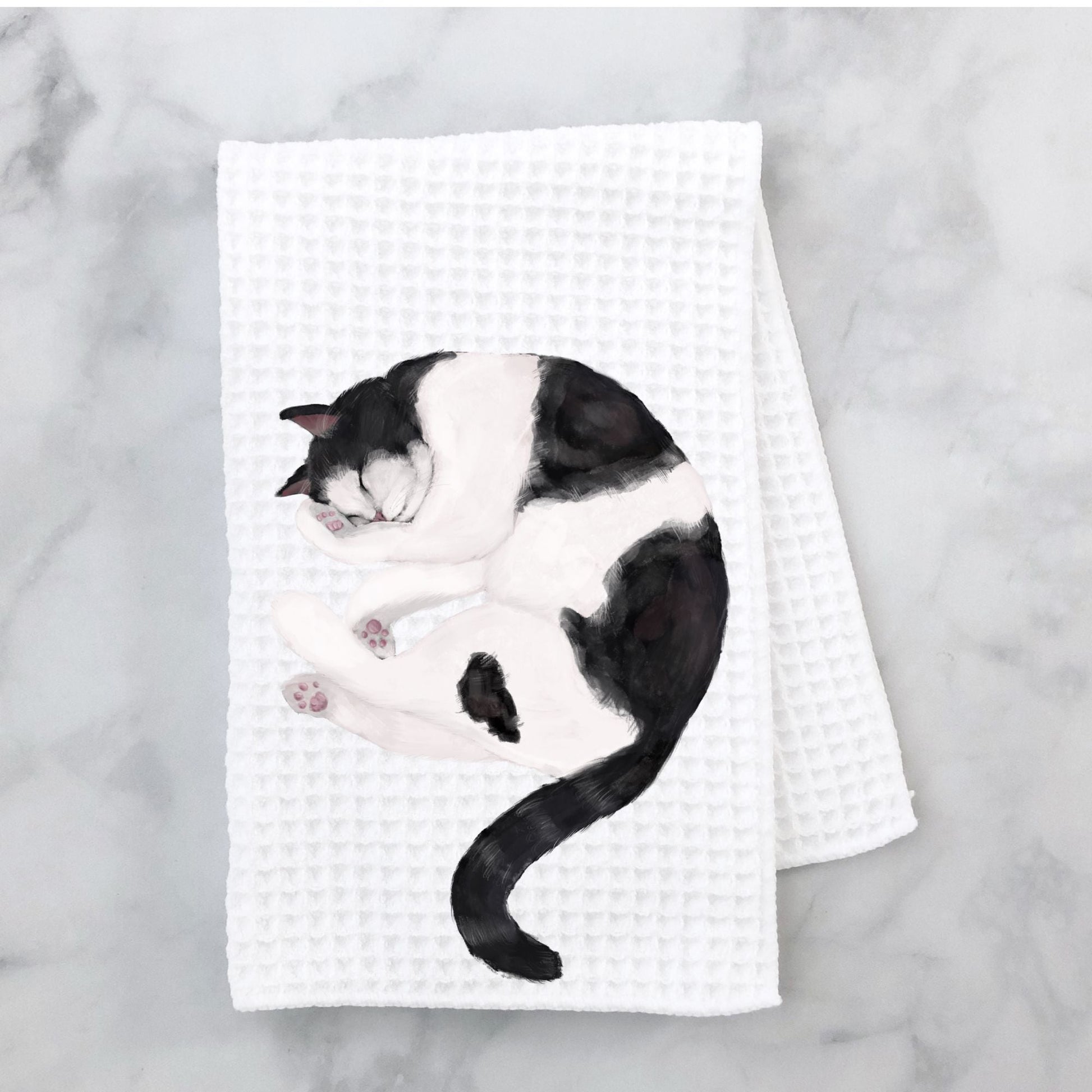 Sleeping Black and White Cat Kitchen Towel - MerikaArt