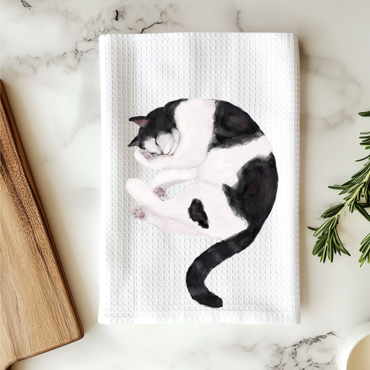 Sleeping Black and White Cat Kitchen Towel - MerikaArt