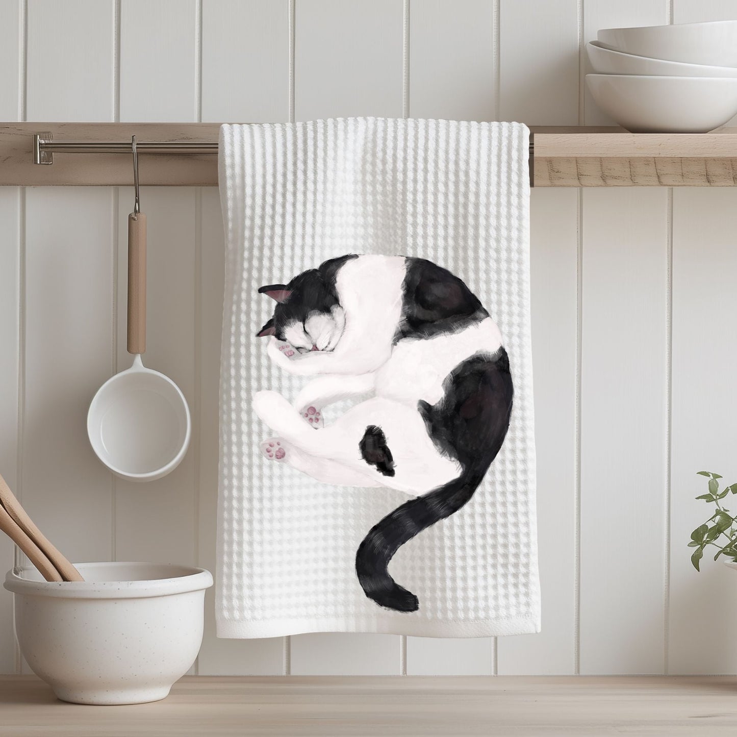 Sleeping Black and White Cat Kitchen Towel - MerikaArt