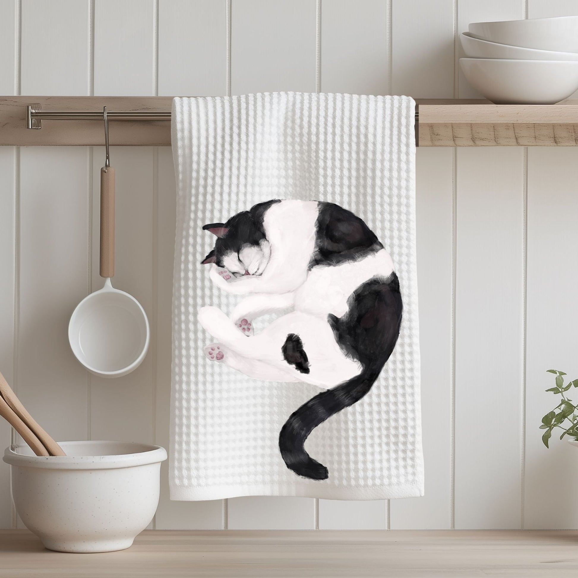 Sleeping Black and White Cat Kitchen Towel - MerikaArt