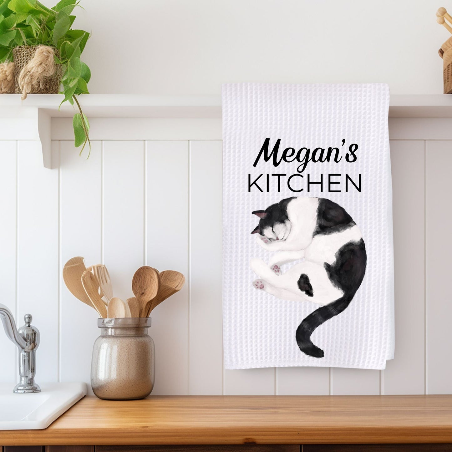 Sleeping Black and White Cat Kitchen Towel - MerikaArt