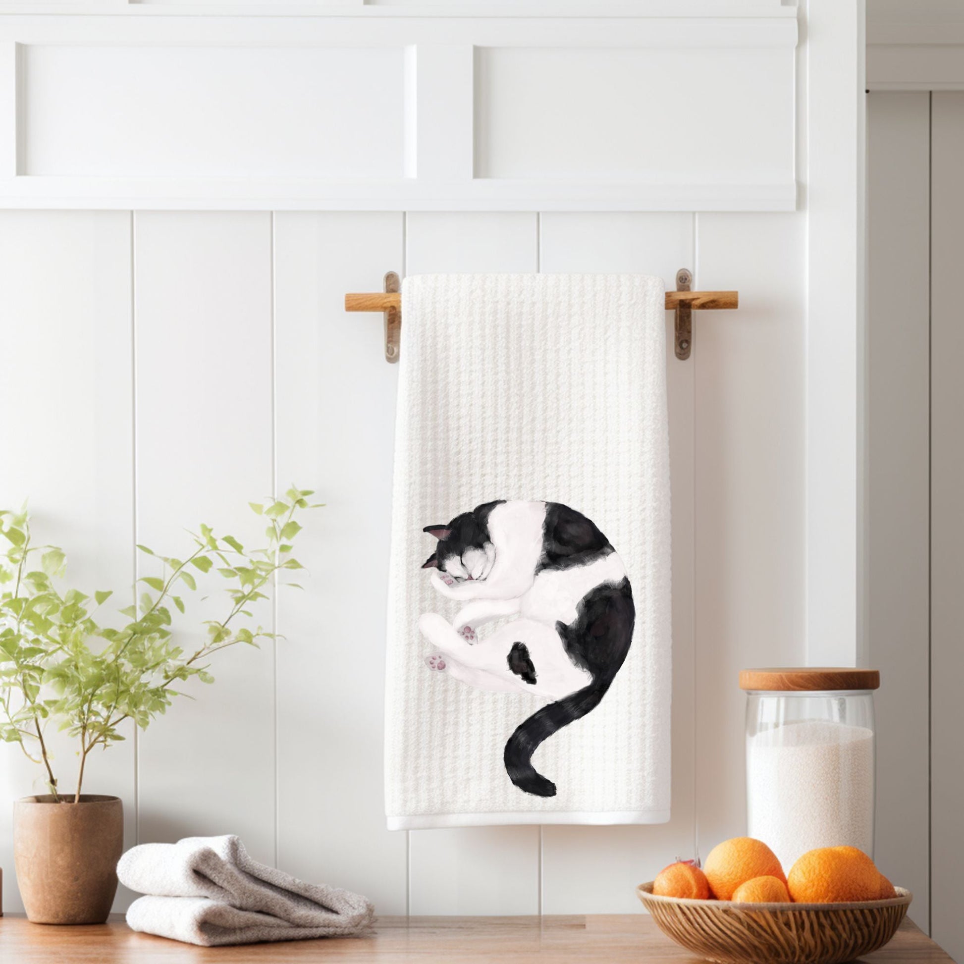 Sleeping Black and White Cat Kitchen Towel - MerikaArt