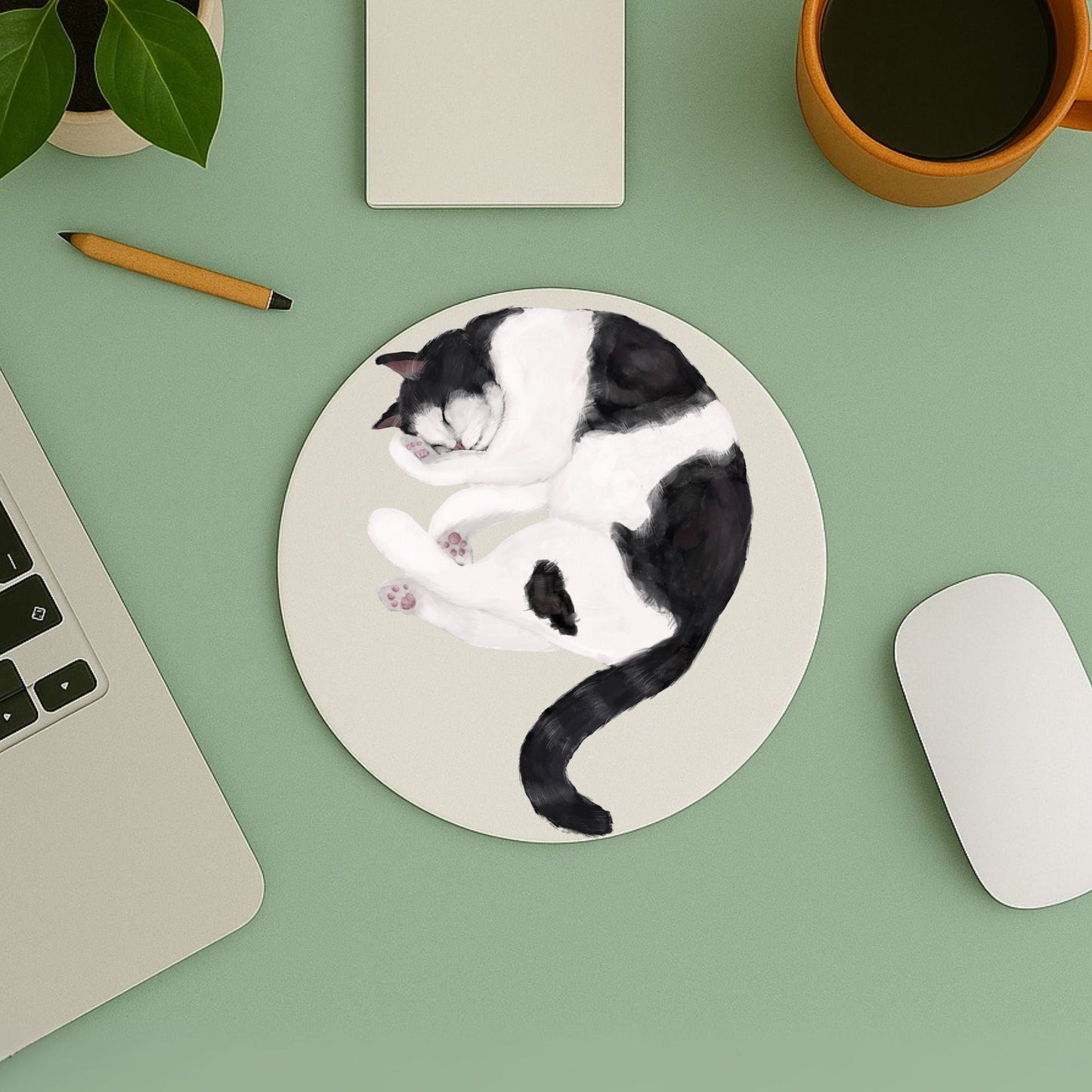 Sleeping Black and White Cat Mousepad - MerikaArt