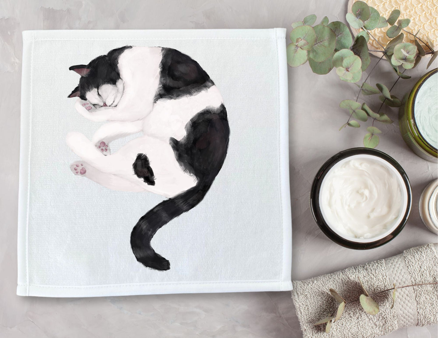 Sleeping Black and White Cat Washcloth - MerikaArt