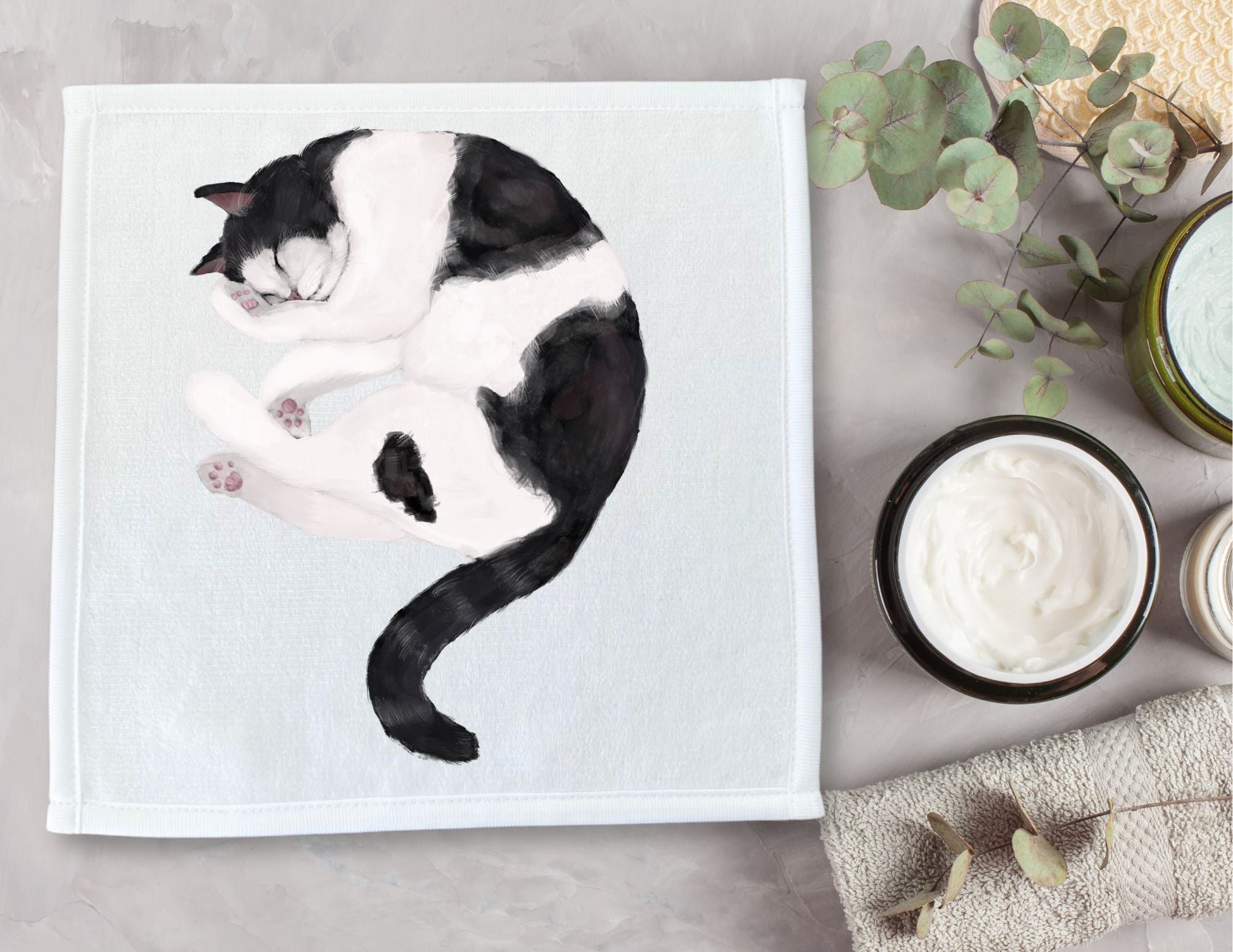 Sleeping Black and White Cat Washcloth - MerikaArt