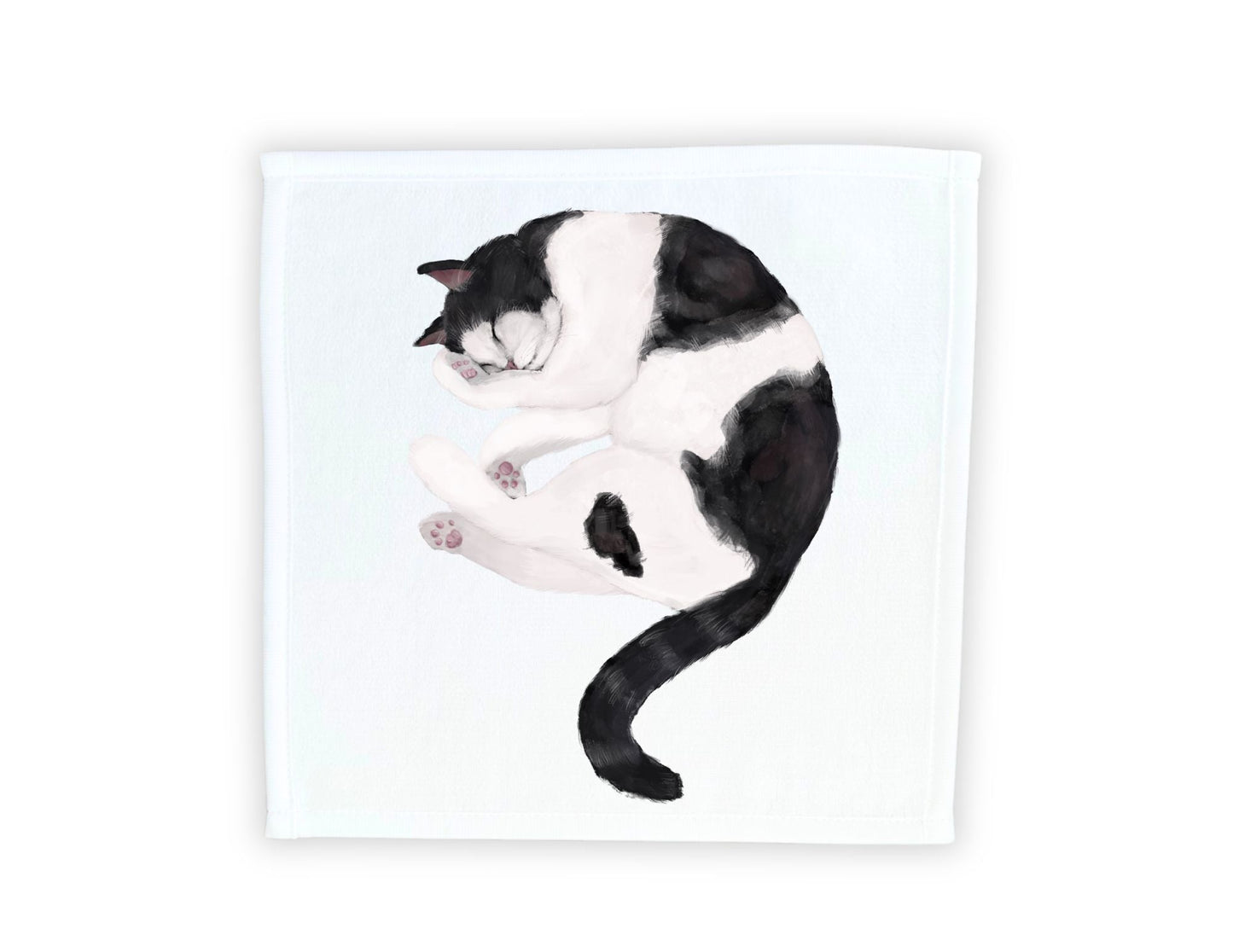 Sleeping Black and White Cat Washcloth - MerikaArt