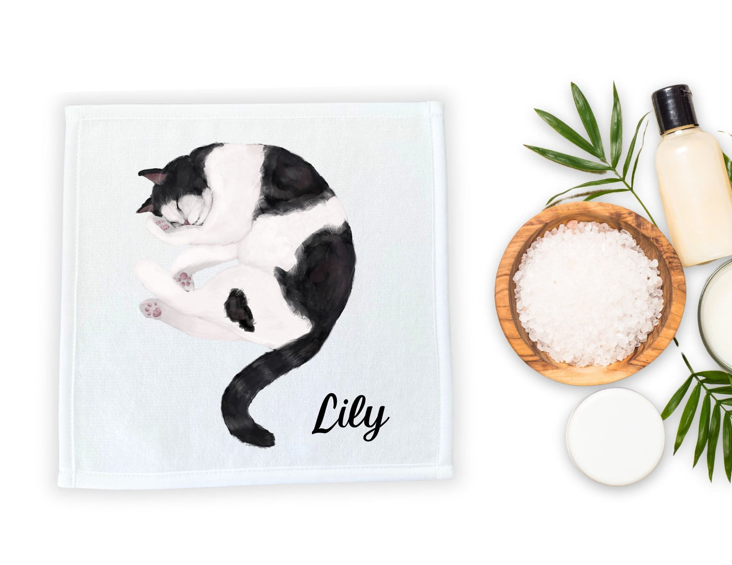 Sleeping Black and White Cat Washcloth - MerikaArt