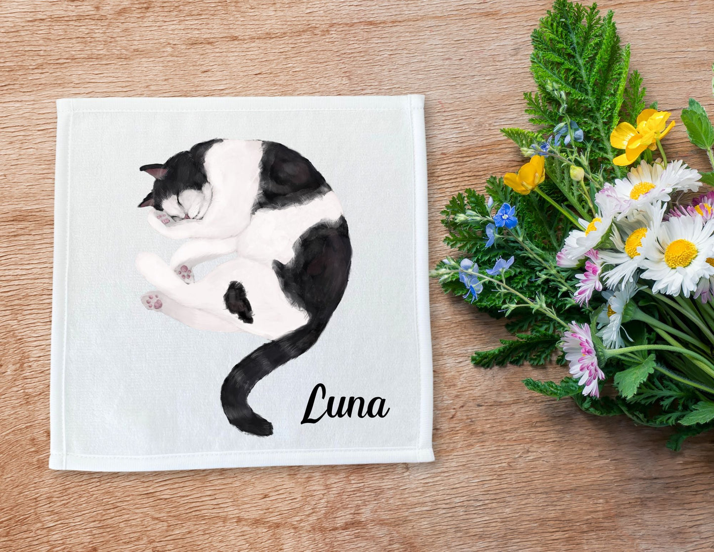 Sleeping Black and White Cat Washcloth - MerikaArt