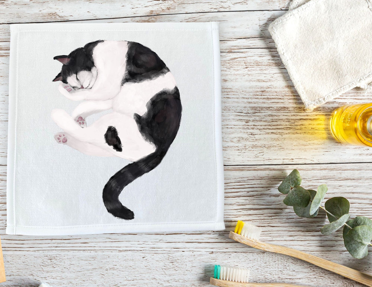 Sleeping Black and White Cat Washcloth - MerikaArt