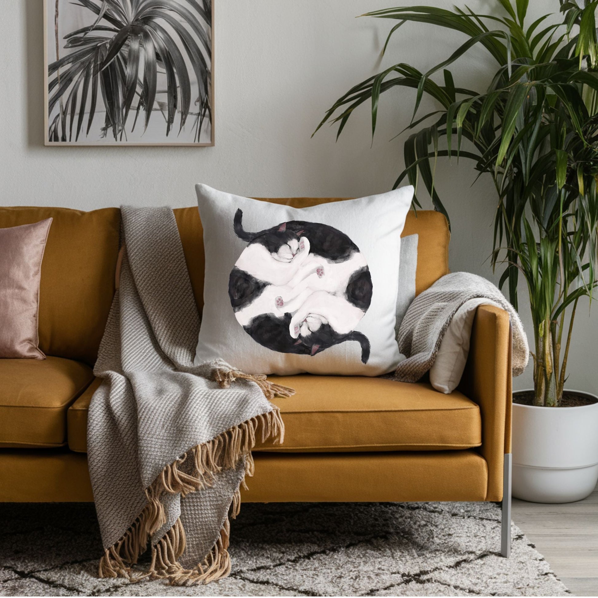 Sleeping Black and White Cats Pillow - MerikaArt