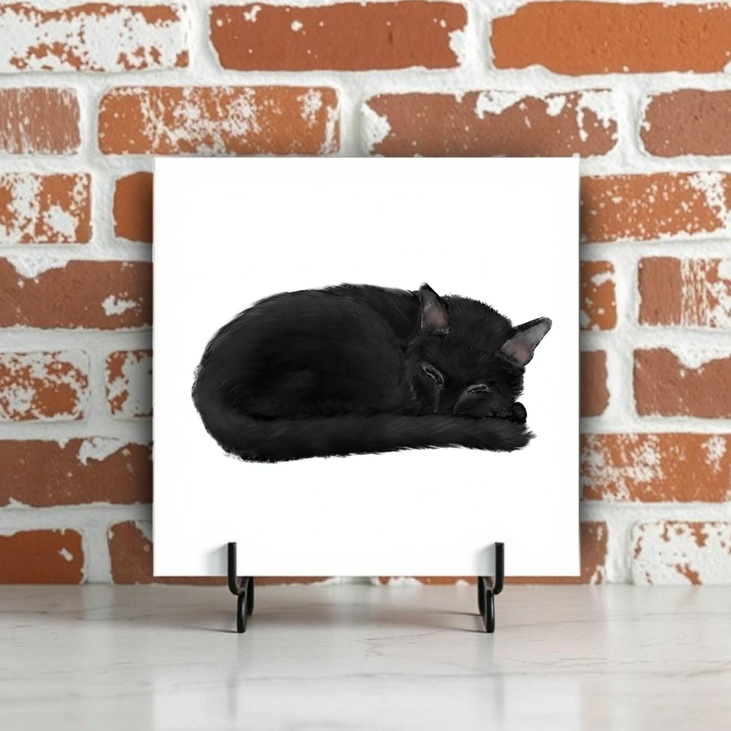 Sleeping Black Cat Ceramic Tile - MerikaArt