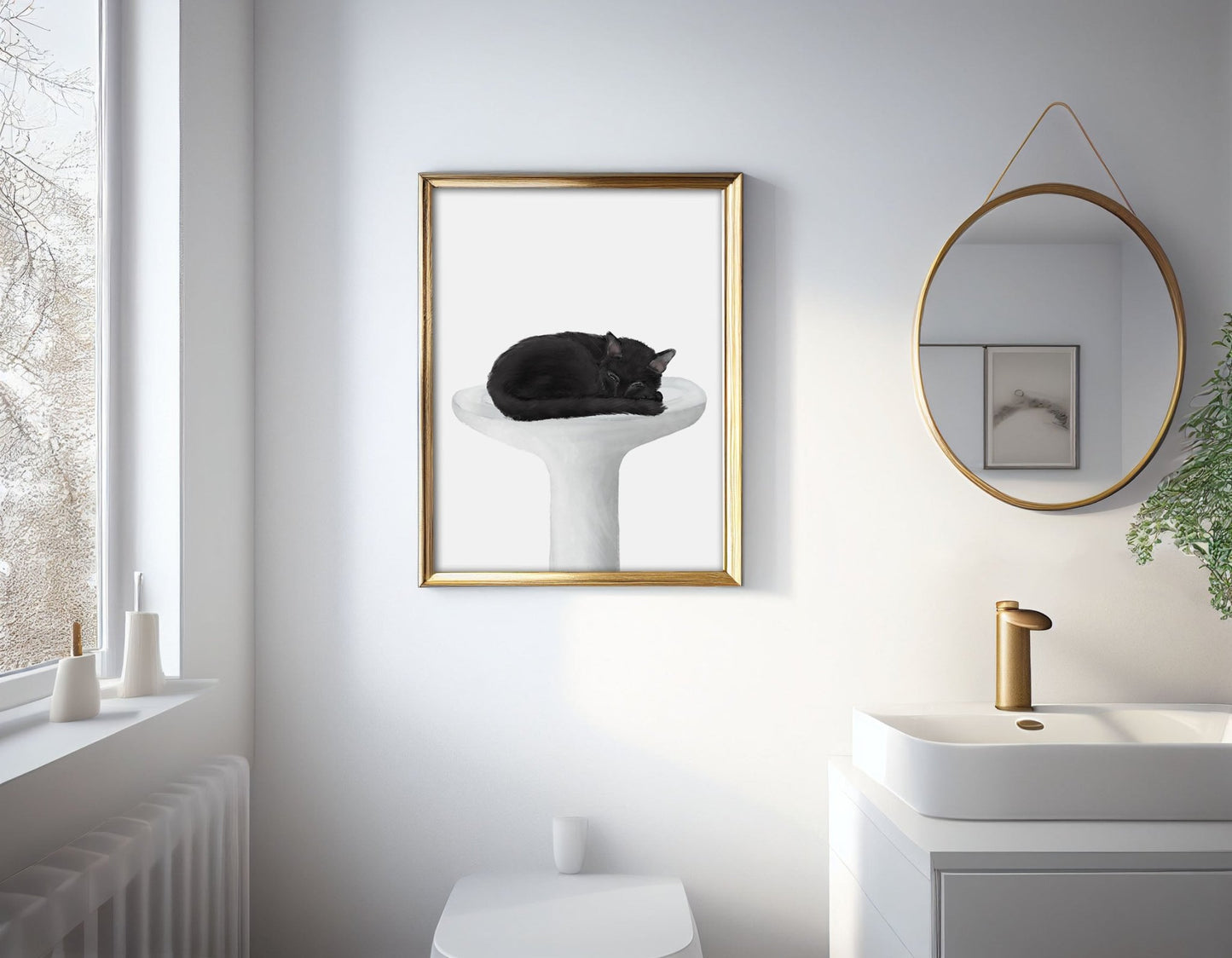 Sleeping Black Cat in Sink – Serene Cat Art Print for Home Decor - MerikaArt
