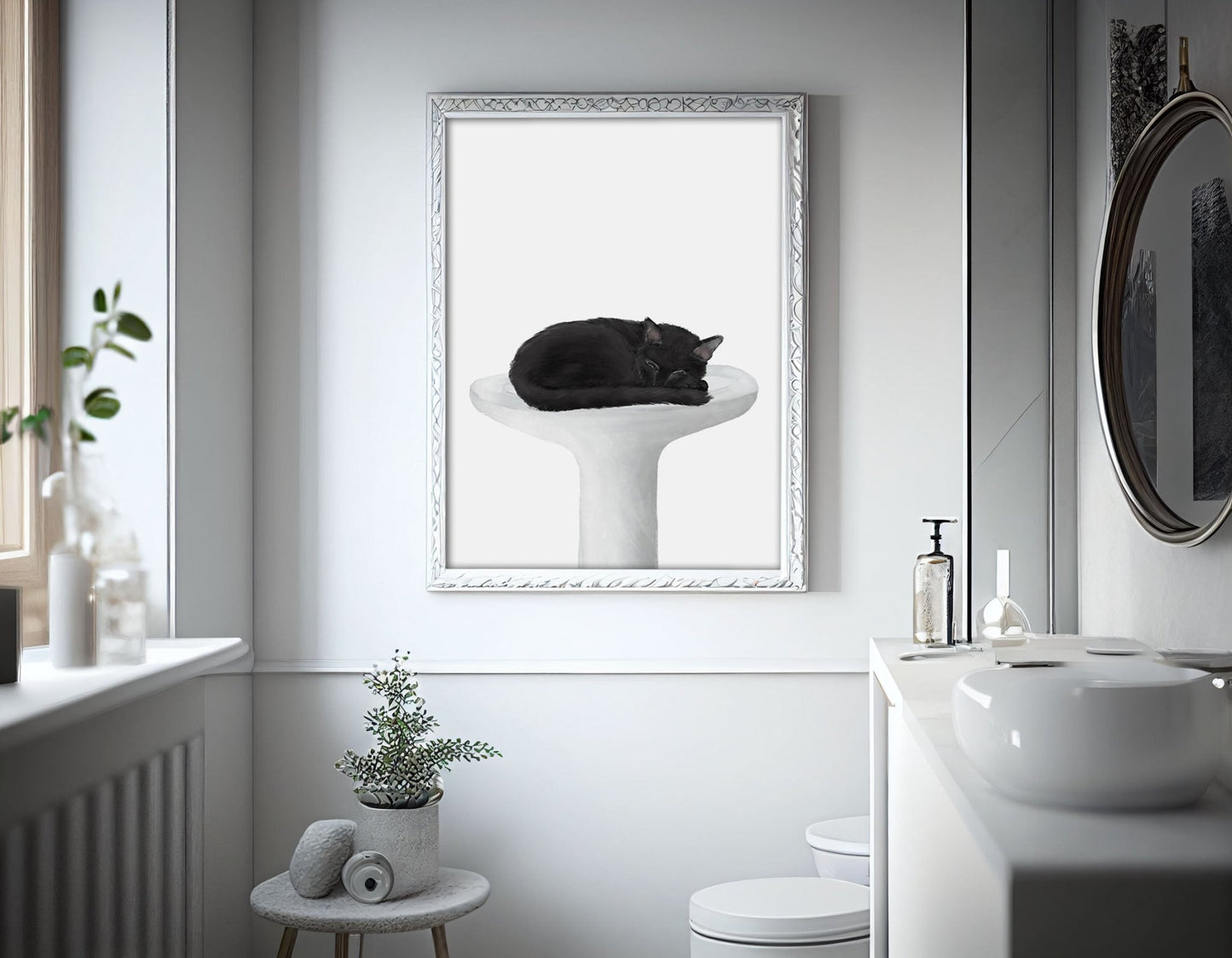 Sleeping Black Cat in Sink – Serene Cat Art Print for Home Decor - MerikaArt