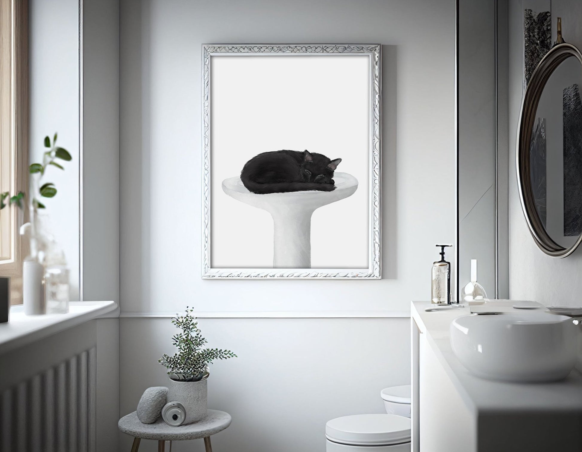 Sleeping Black Cat in Sink – Serene Cat Art Print for Home Decor - MerikaArt