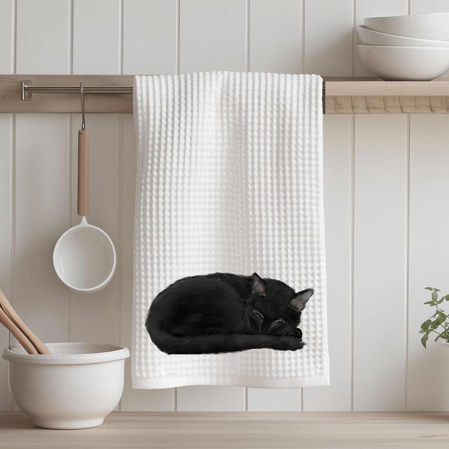 Sleeping Black Cat Kitchen Towel - MerikaArt