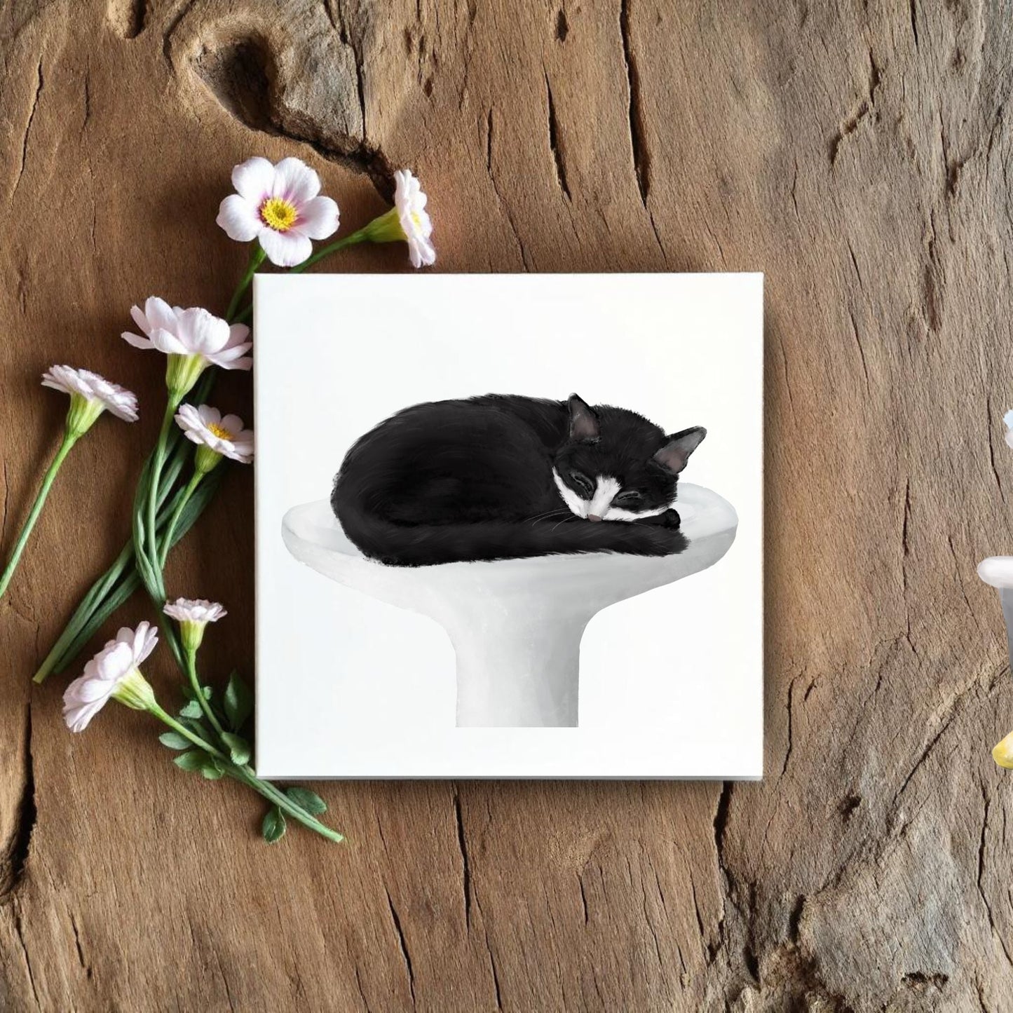 Sleeping Black Cat on Sink Ceramic Tile - MerikaArt