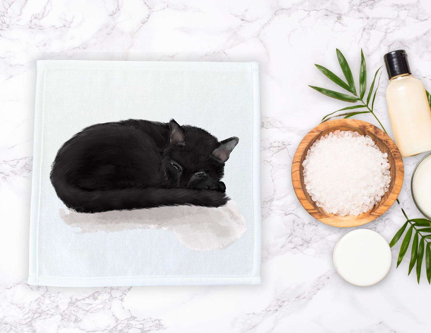 Sleeping Black Cat Washcloth - MerikaArt