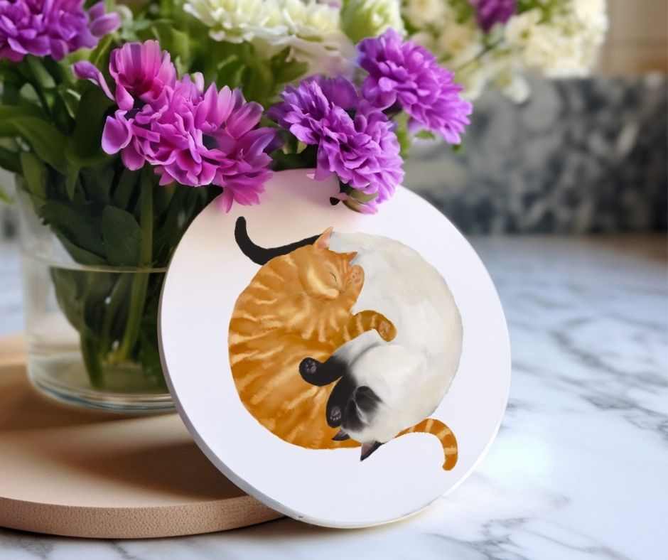 Sleeping Ginger and Siamese Cats Ceramic Coaster - MerikaArt