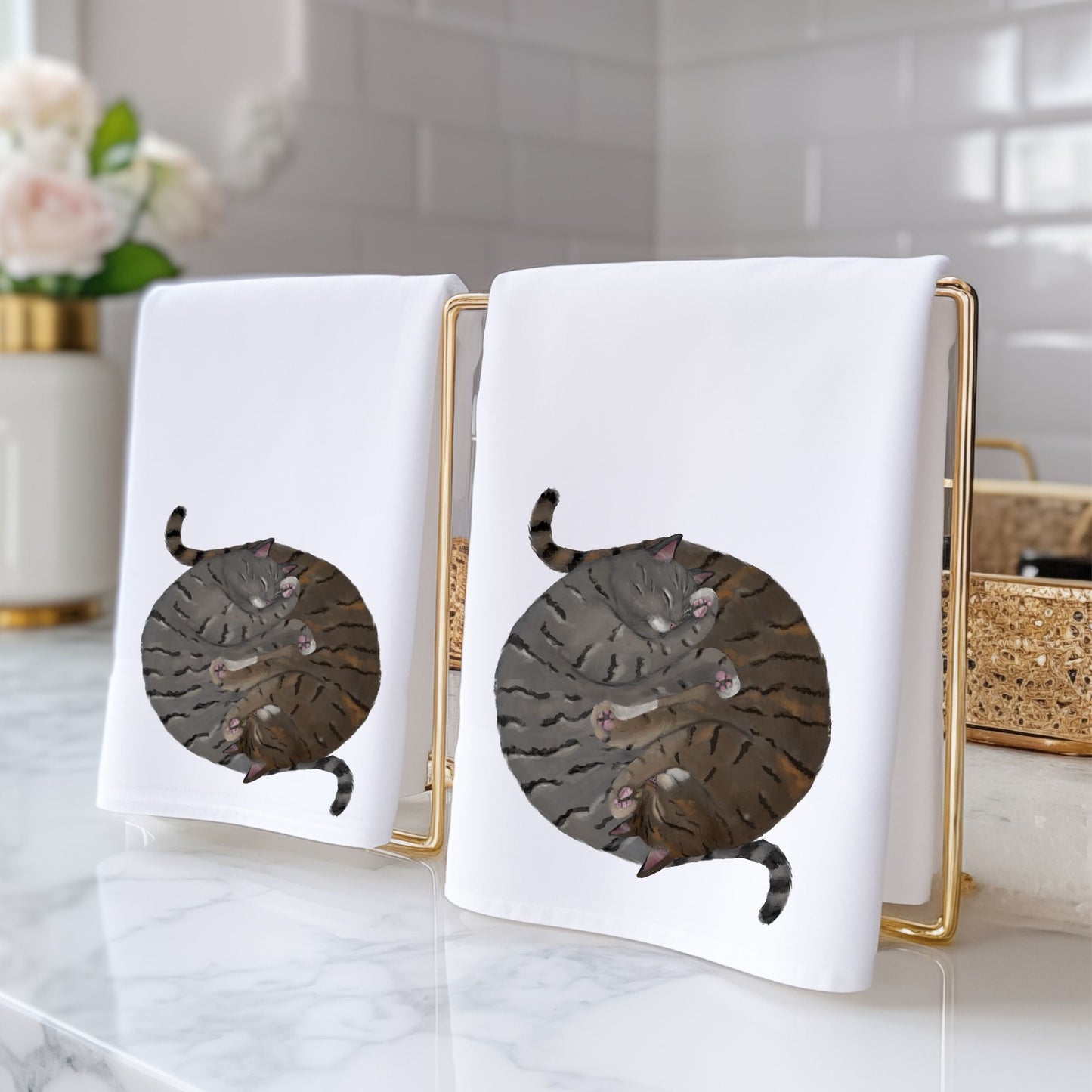 Sleeping Gray and Brown Tabby Cats Bathroom Towel - MerikaArt