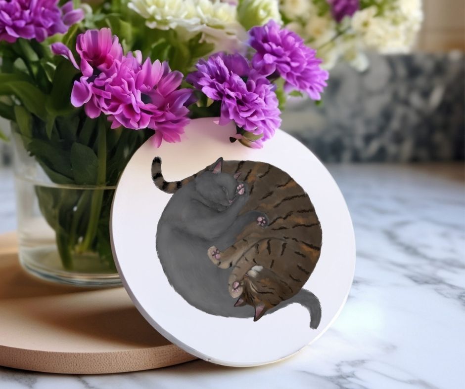 Sleeping Gray and Brown Tabby Cats Ceramic Coaster - MerikaArt