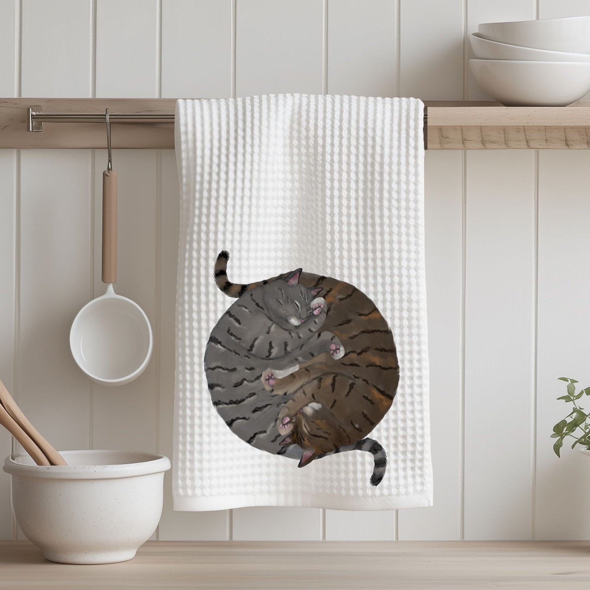 Sleeping Gray and Brown Tabby Cats Kitchen Towel - MerikaArt