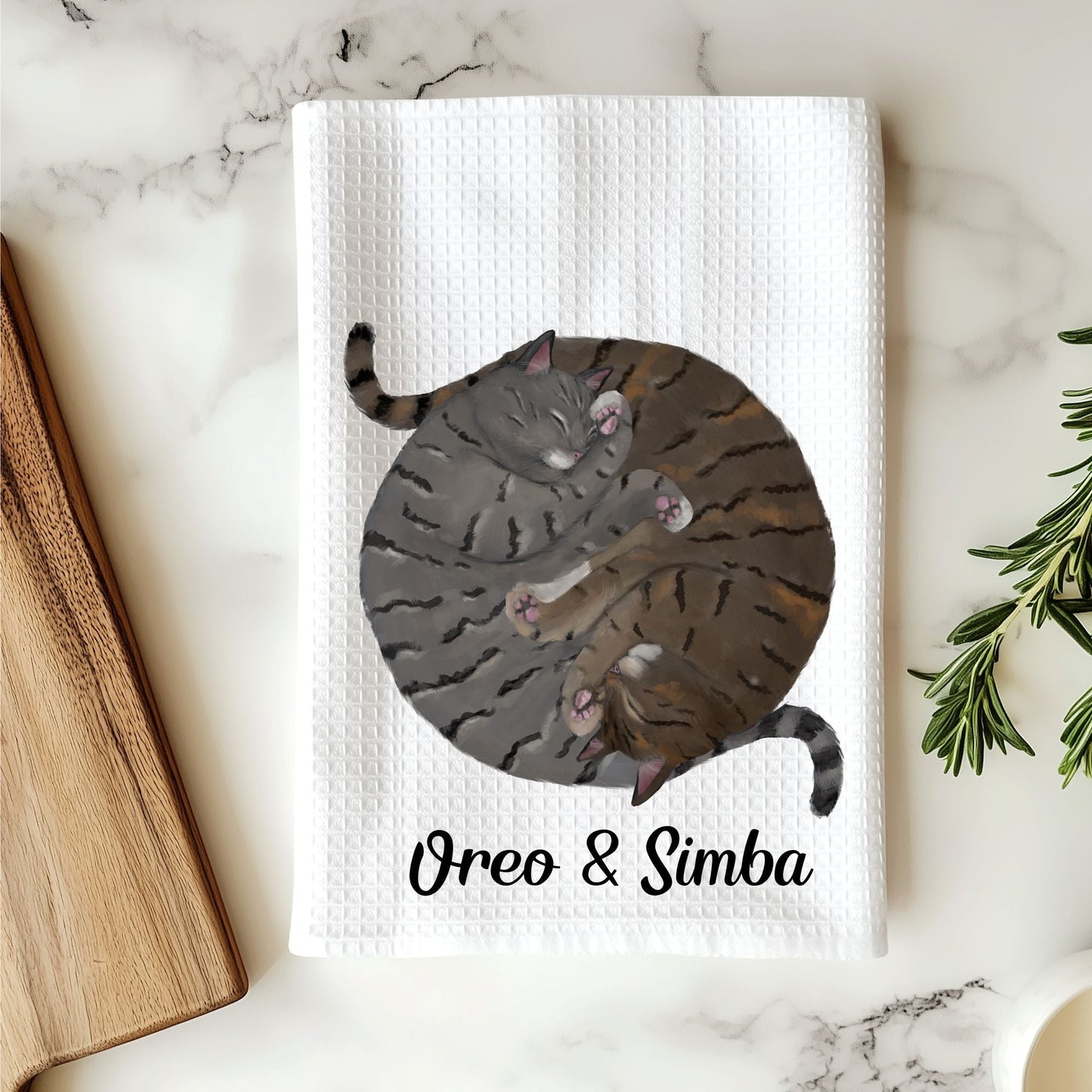 Sleeping Gray and Brown Tabby Cats Kitchen Towel - MerikaArt