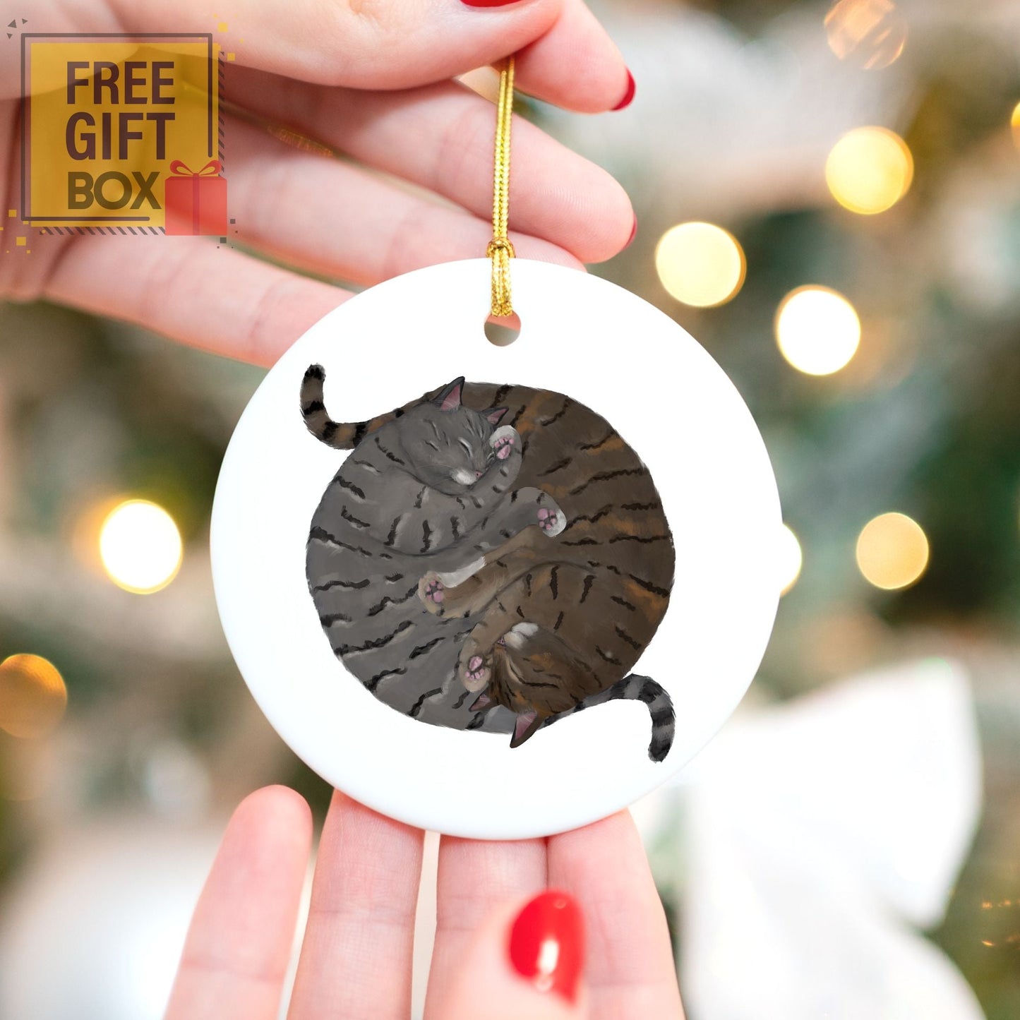 Sleeping Gray And Tabby Cats Ceramic Ornament - MerikaArt