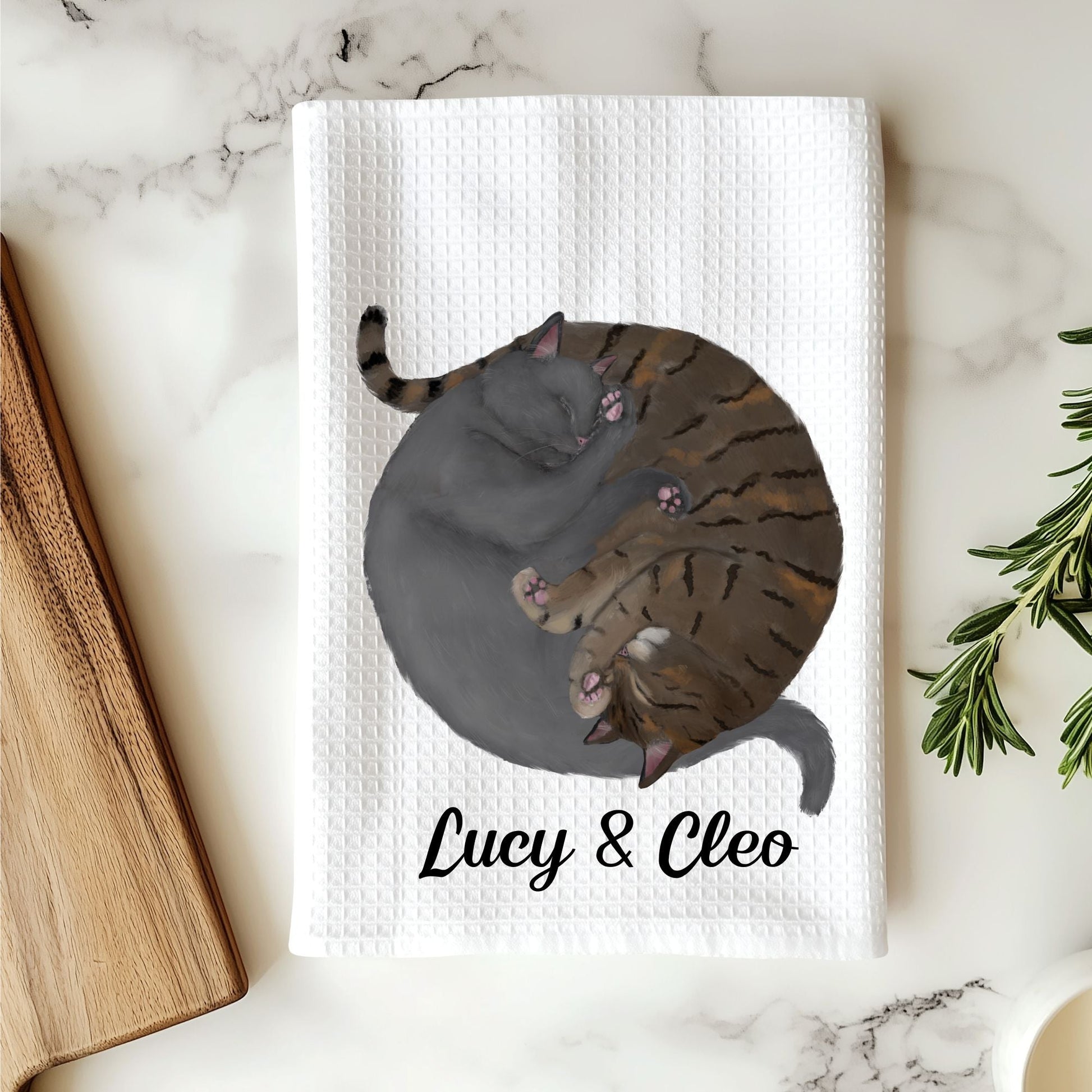 Sleeping Gray and Tabby Cats Kitchen Towel - MerikaArt