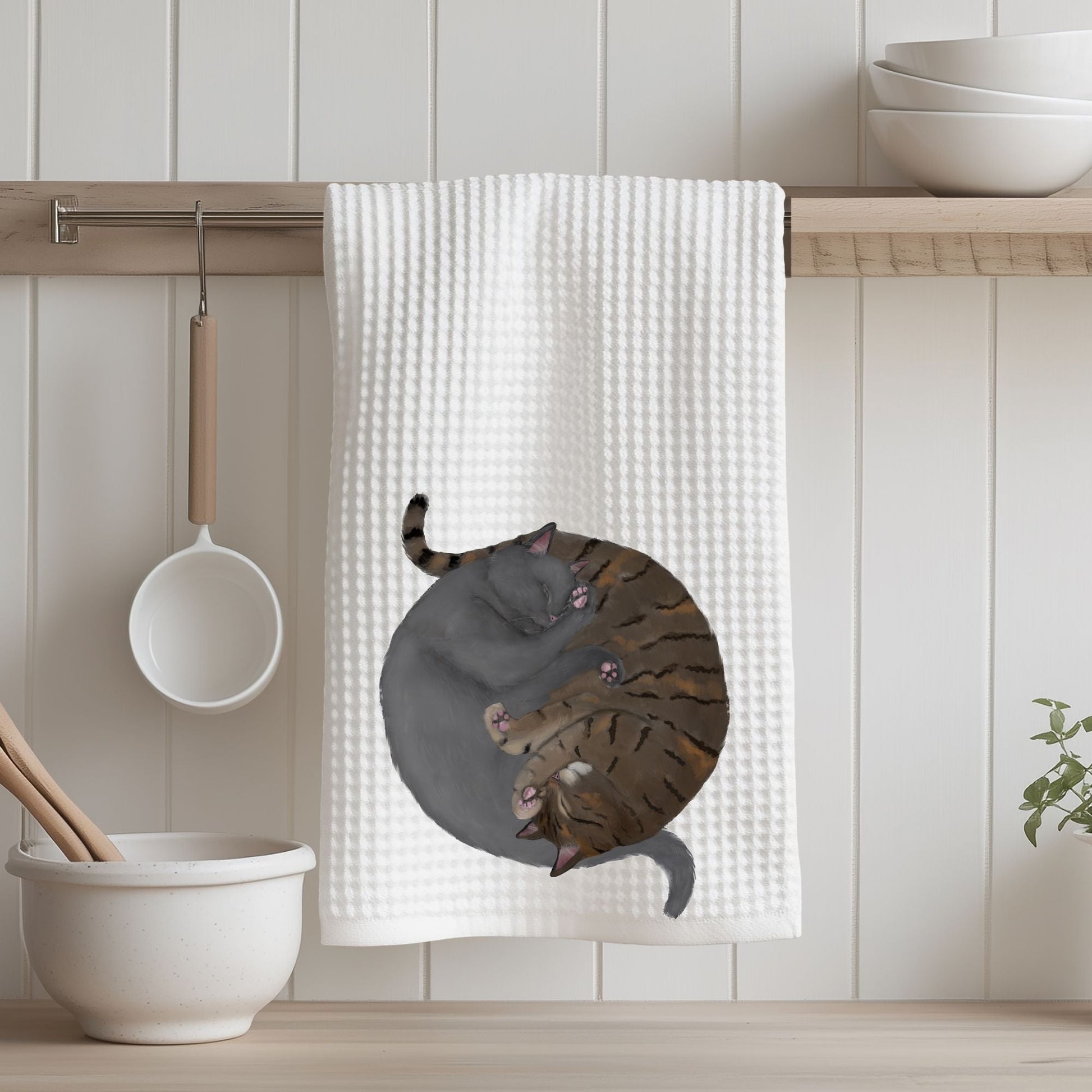 Sleeping Gray and Tabby Cats Kitchen Towel - MerikaArt