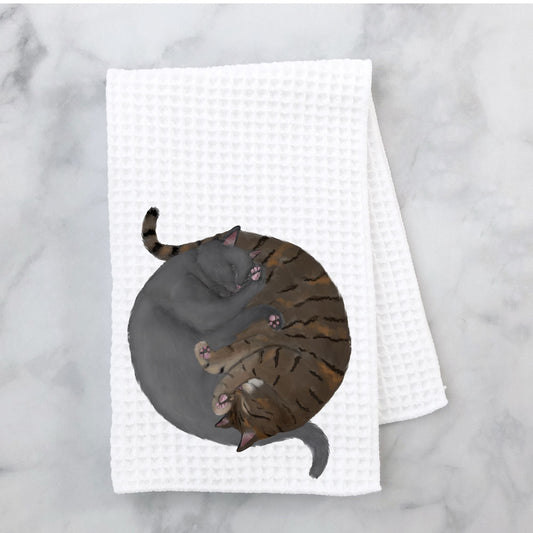 Sleeping Gray and Tabby Cats Kitchen Towel - MerikaArt