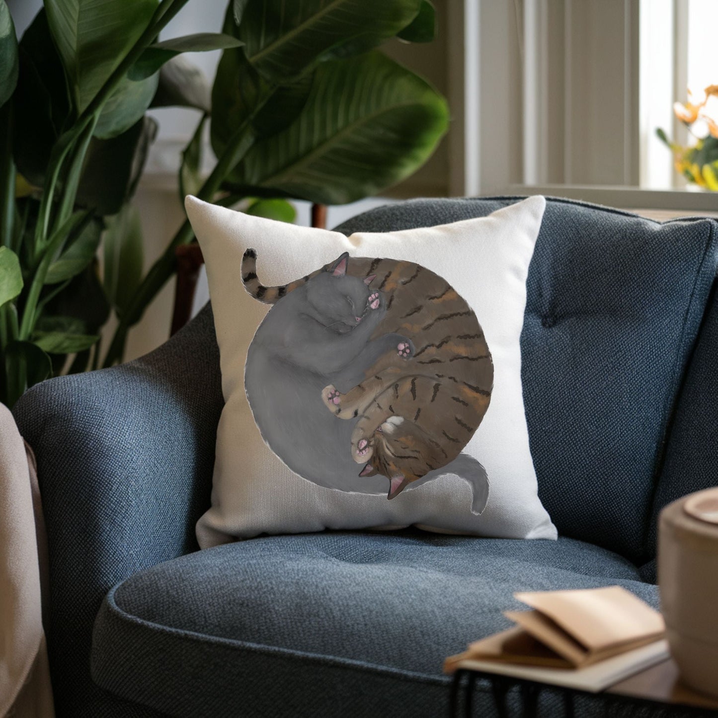 Sleeping Gray and Tabby Cats Pillow - MerikaArt