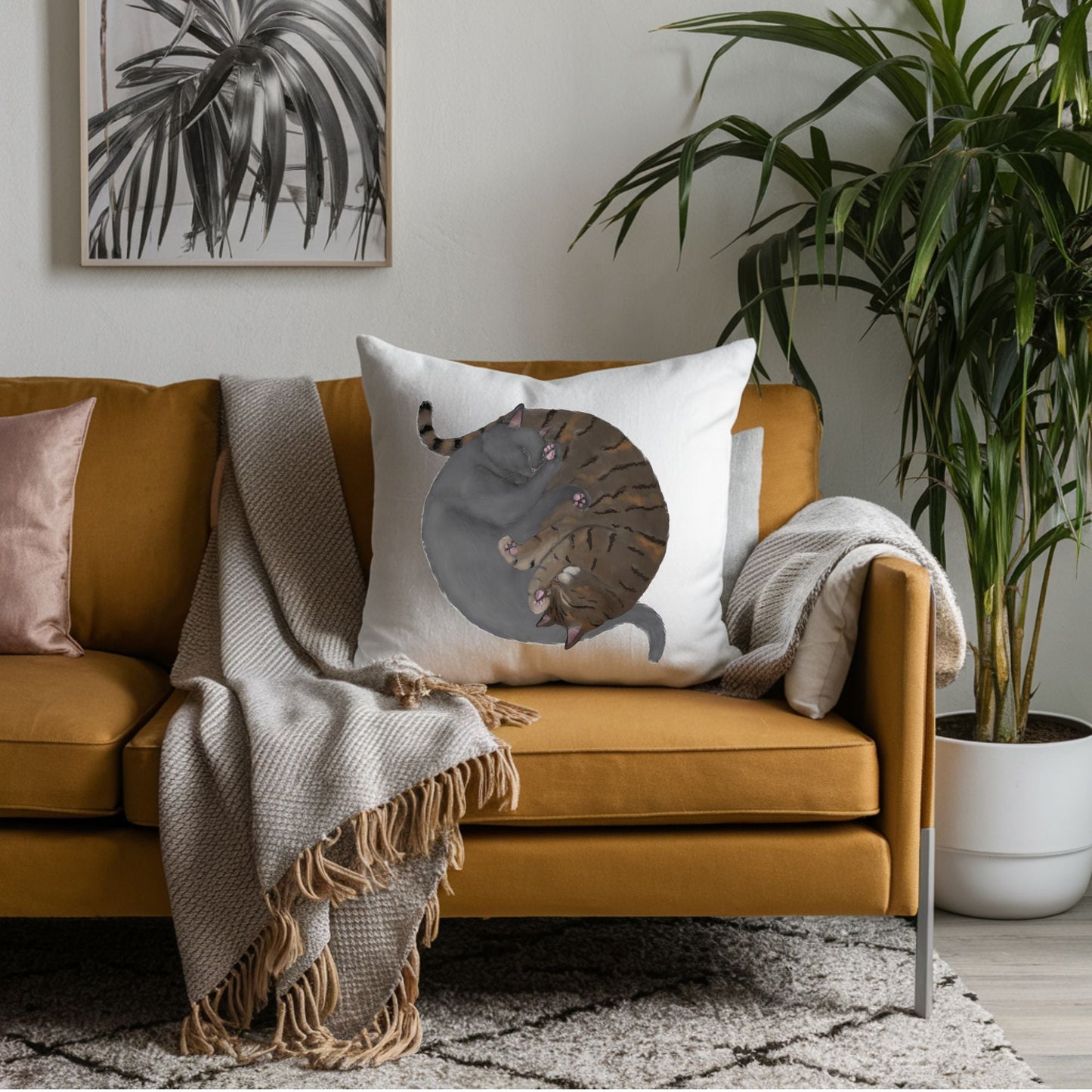 Sleeping Gray and Tabby Cats Pillow - MerikaArt