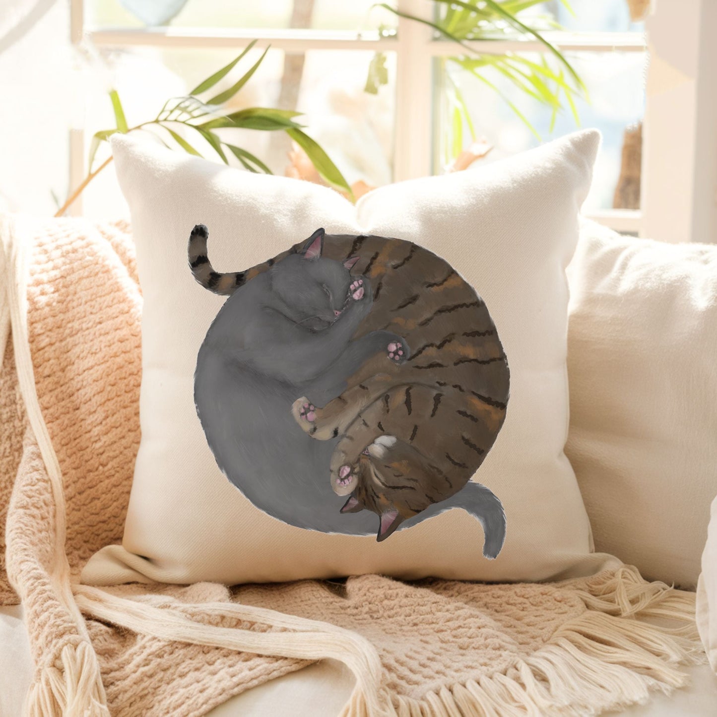 Sleeping Gray and Tabby Cats Pillow - MerikaArt