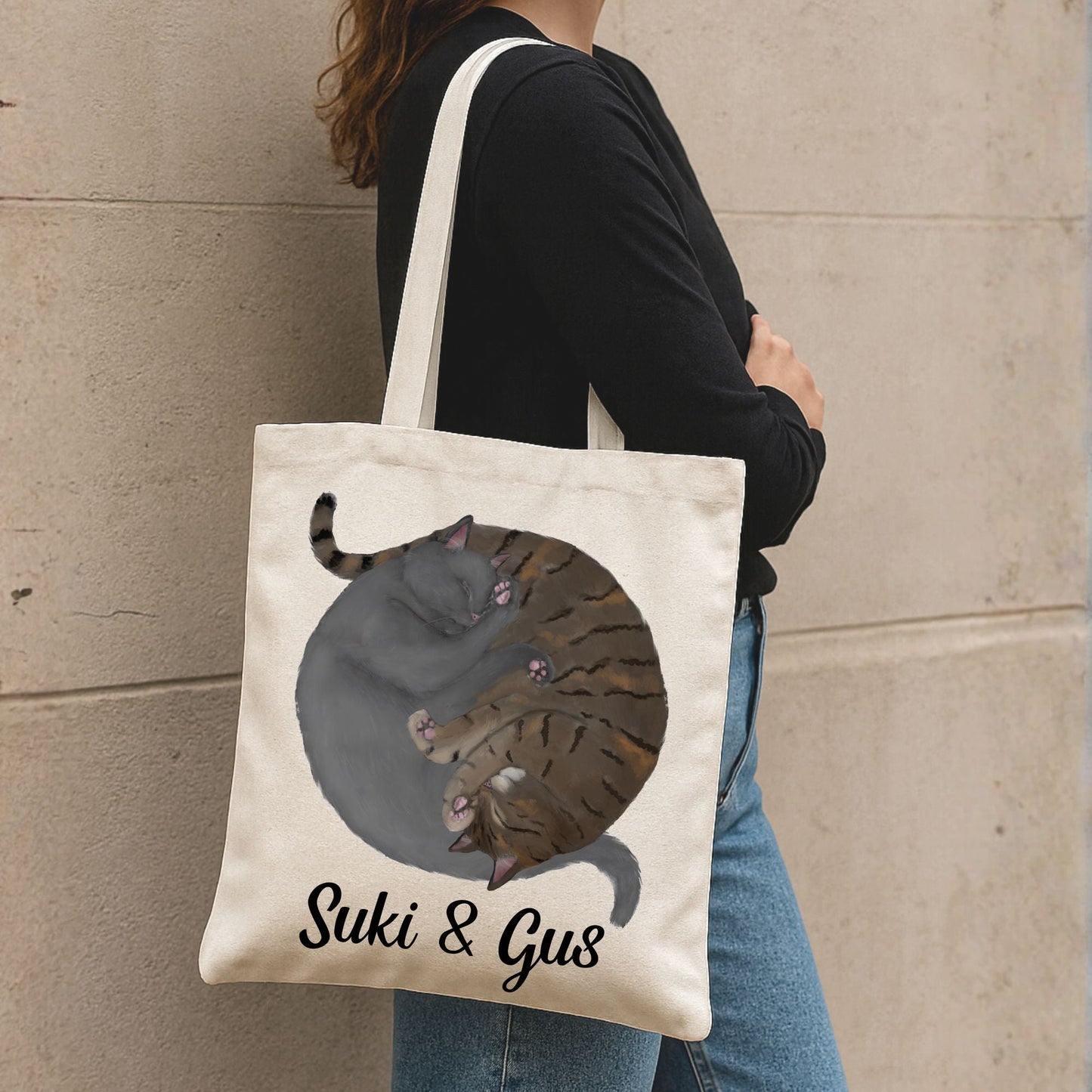 Sleeping Gray Cat and Brown Tabby Cat Canvas Tote Bag - MerikaArt