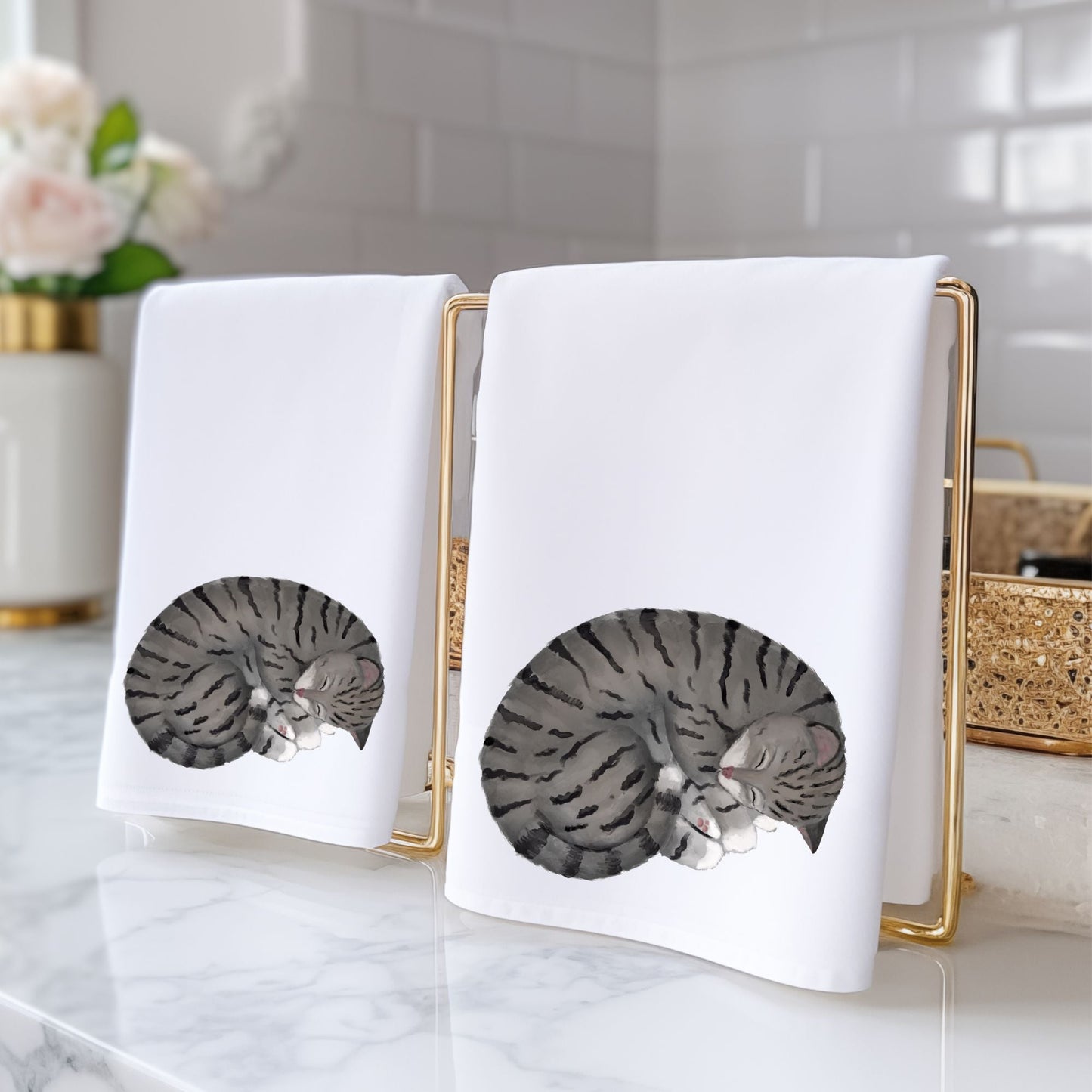 Sleeping Gray Tabby Cat Bathroom Towel - MerikaArt